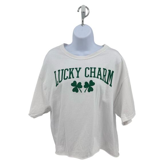 Mighty Fine Graphic Crop T SZ Large WMNS Lucky Charm T-shirt Cropped Tee SS Crew - Picture 1 of 4